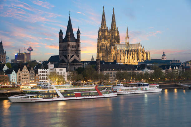 Aerial view Cologne over the Rhine River with cruise ship in Cologne, Germany.