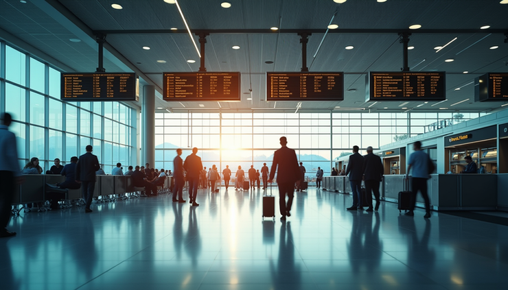 Eye-level view of a busy European airport terminal with multiple departure boards
