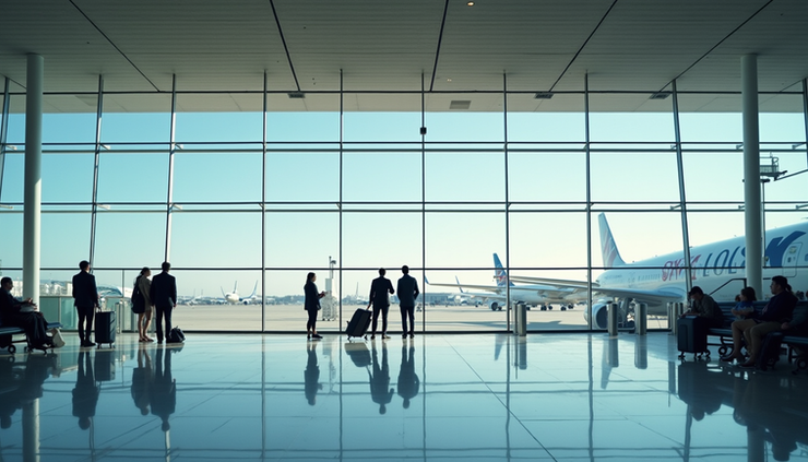 Eye-level view of Vancouver International Airport terminal with planes and passengers