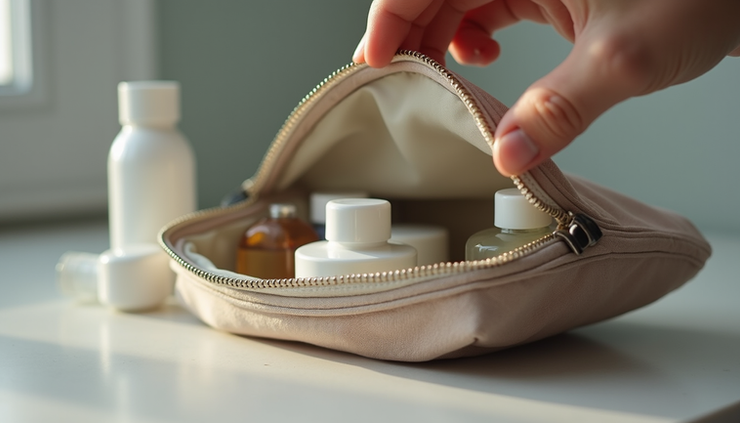 Eye-level view of a compact toiletry bag filled with travel size bottles and containers
