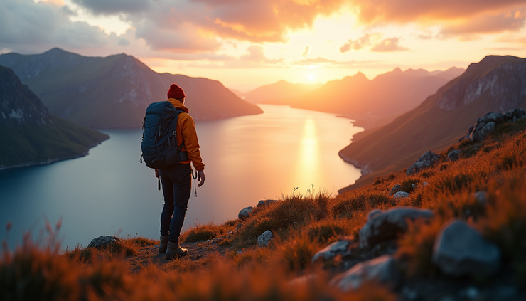 Eye-level view of a hiker overlooking a serene Scandinavian fjord during sunset