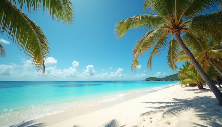 Wide angle view of a tropical beach with clear blue water and palm trees