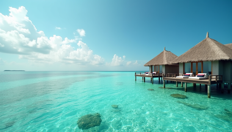 Eye-level view of a luxury water bungalow over clear turquoise waters in the Maldives