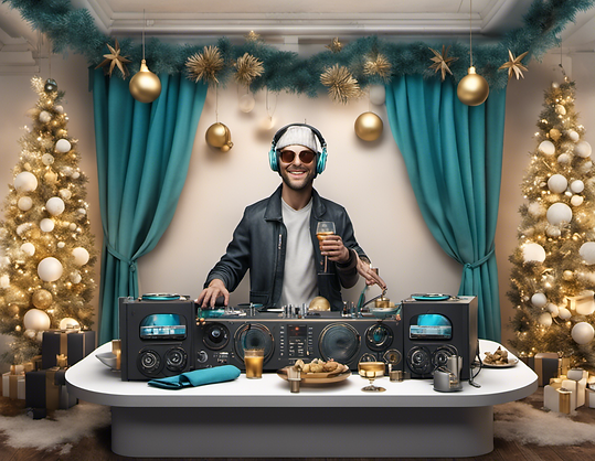Erstelle ein reales 3D Foto von einem DJ mit DJ Pult und einer Gruppe von europäischen Men