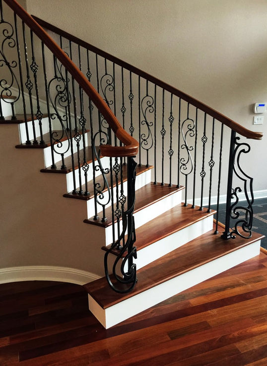 Tiger Wood Rails and Treads, Tuscan Styled Metal Balusters