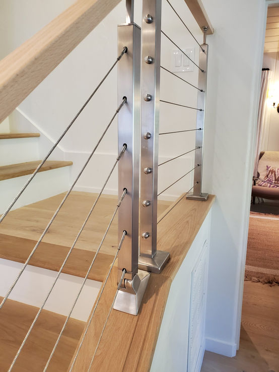 Stainless Steel Post and Cables, and White Oak Handrail, Treads, and Knee Wall Caps