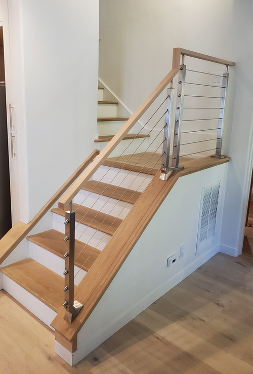 Stainless Steel Post and Cables, and White Oak Handrail, Treads, and Knee Wall Caps