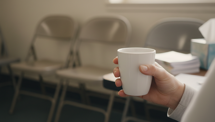 Close-up view of a hand holding a plain white coffee cup near a circle of chairs