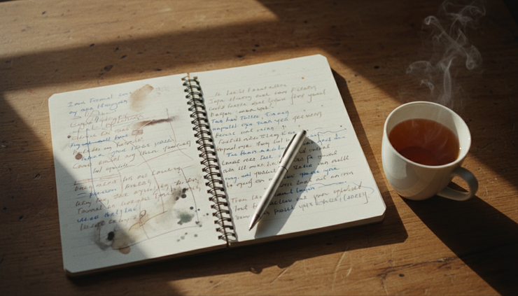 Overhead view of an open notebook with handwritten recovery reflections beside a cup of tea