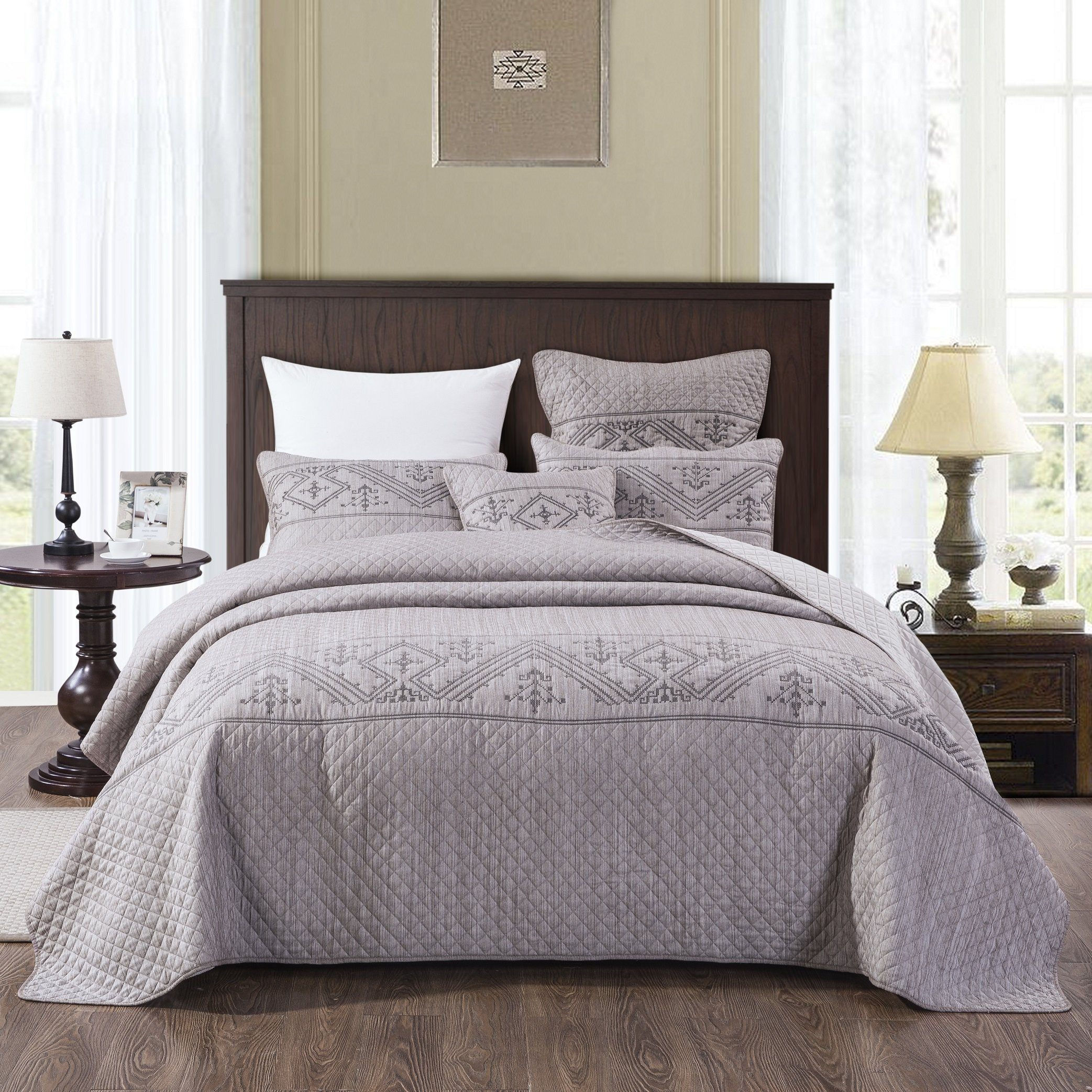 Whimsical Lavender Grey Cottage Soft Quilted Coverlet Bedspread Set