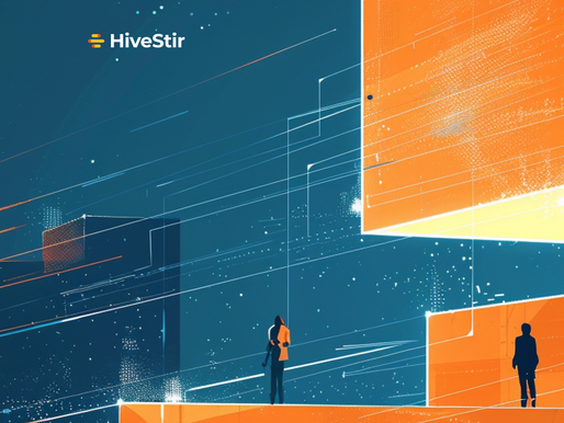 Futuristic scene with silhouettes on geometric platforms, in blue and orange. Text: "HiveStir". Dynamic lines and starry background.
