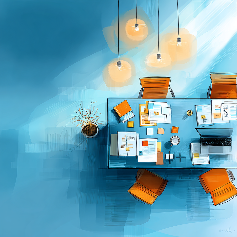 Clean editorial illustration of a modern business workspace