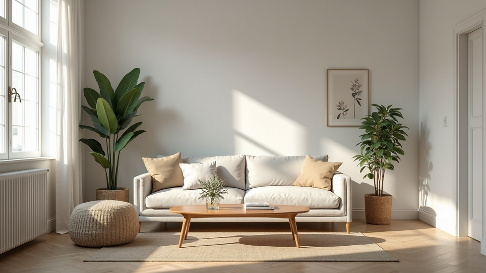 Eye-level view of a serene and organized living room with minimal decor