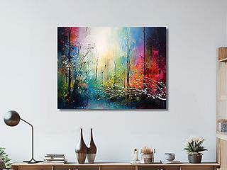 Vibrant print water and forest fantasy scene