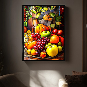 Bountiful Harvest in Lights - Illuminated Wall Art Fruit Motif in Stained-Glass Look