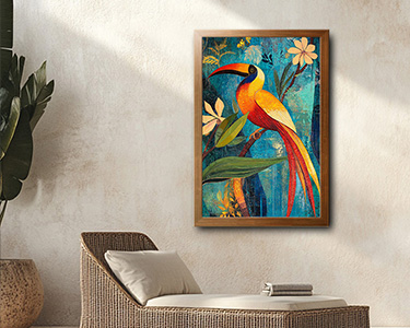 A vividly coloured bird, possibly a stylised toucan, perched amidst lush foliage and delicate blooms. The artwork's striking yellows, oranges, reds, and blues against a textured teal backdrop evoke a feeling of tropical vibrancy and exotic serenity.