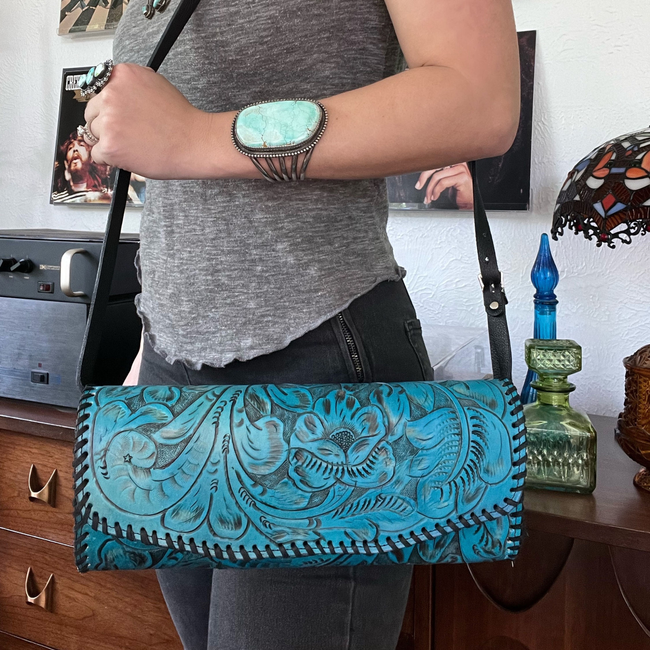 Hand-Tooled Leather Crossbody Clutch by Juan Antonio - Turquoise