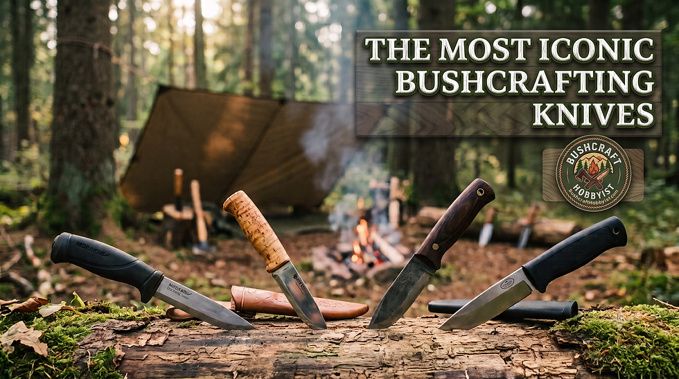 Four bushcraft knives on a log at a forest campsite with a campfire and tarp tent; text reads The Most Iconic Bushcrafting Knives
