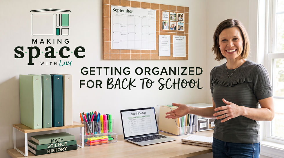Smiling woman presents a tidy back-to-school desk with calendars, pens, binders, and text Making space and Getting organized