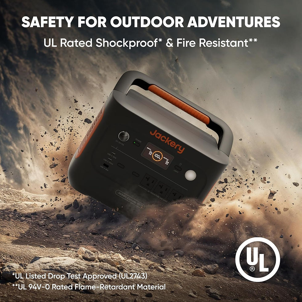 Jackery Explorer 1000 v2 portable power station blasting through dust on rocky ground, with Safety for Outdoor Adventures and UL rating text.