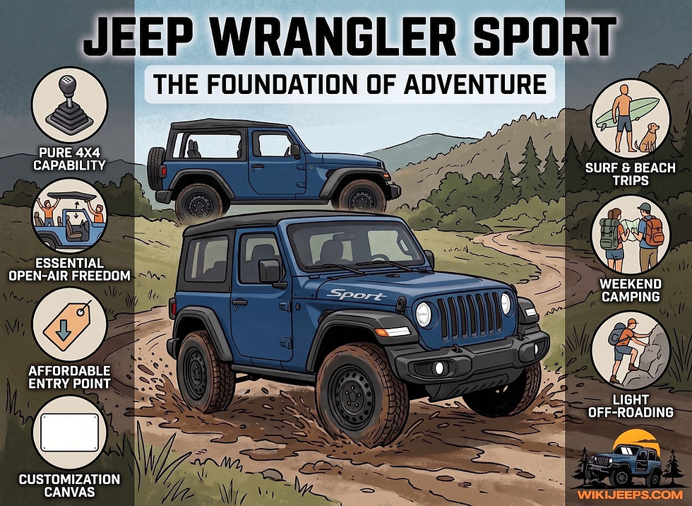 Infographic of blue Jeep Wrangler Sport on a dirt trail, titled The Foundation of Adventure, with icons for 4x4, camping, surfing, off-roading.