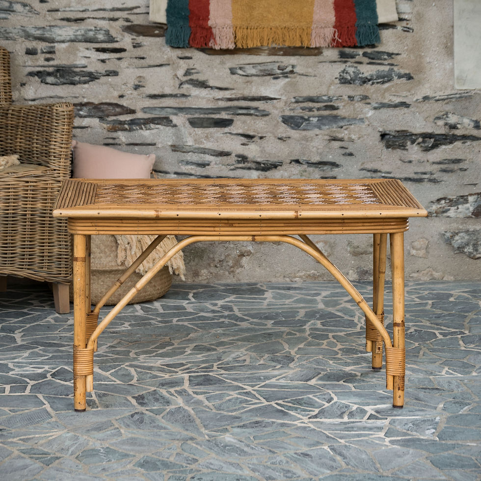 Miniature : Table basse rectangulaire vintage en rotin avec plateau tressé et pieds arrondis
