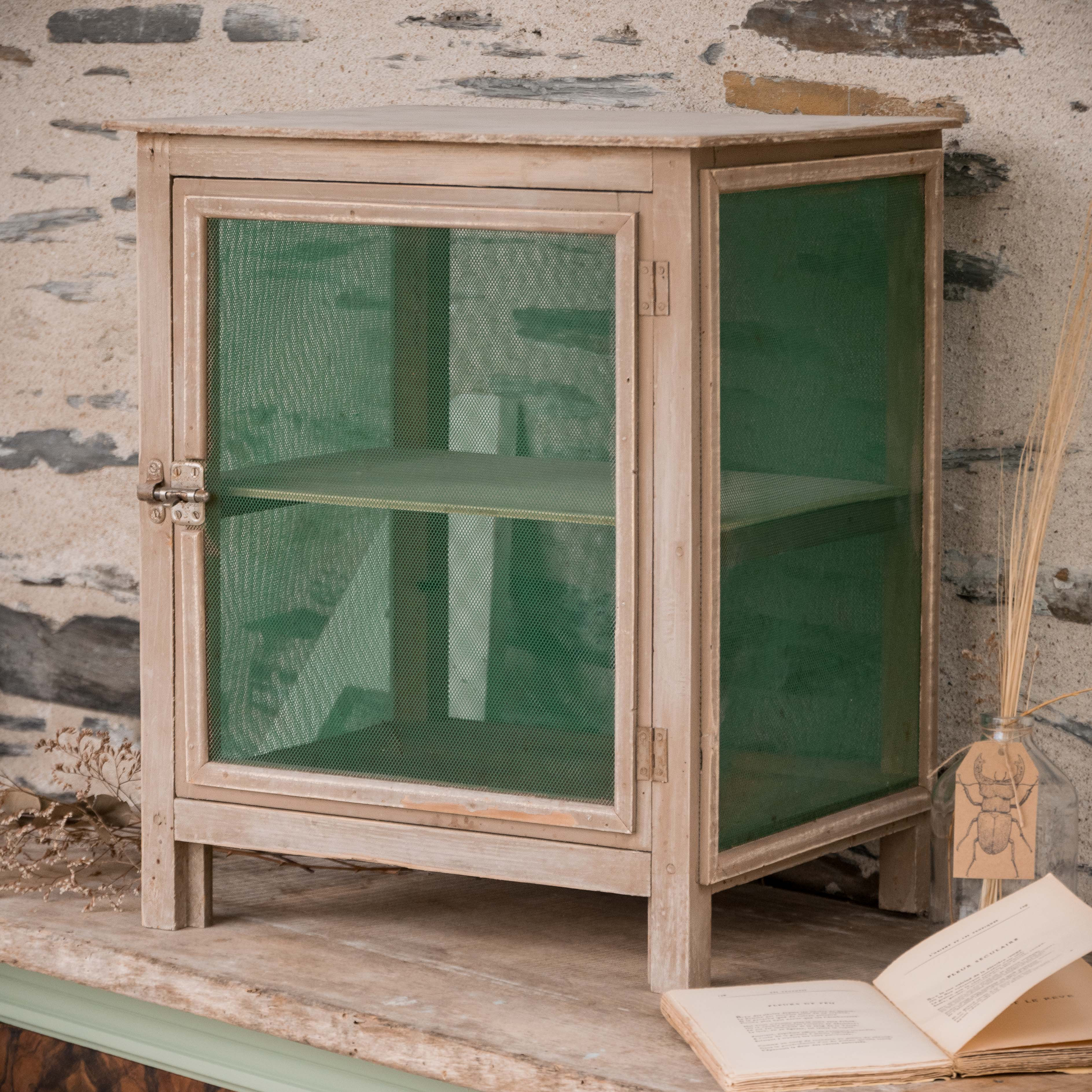 Garde-manger ancien en bois grillagé, petit meuble de rangement esprit maison de campagne - gris groseille brocante en ligne