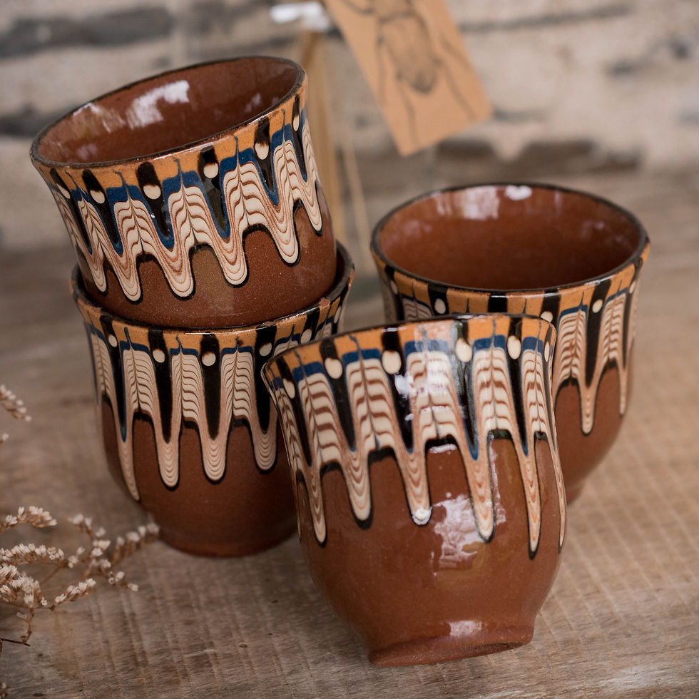 Miniature : Tasses en poterie traditionnelle bulgare, céramique artisanale authentique au décor graphique - gris groseille brocante