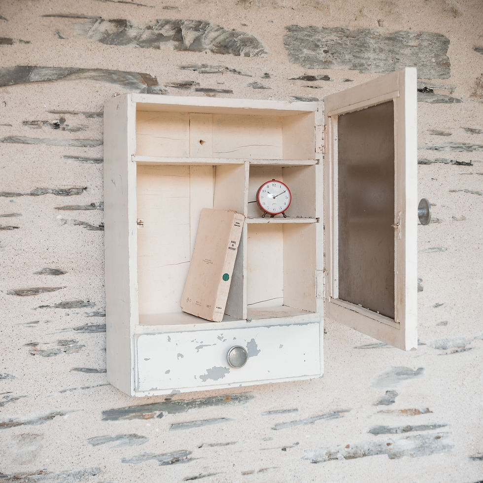 Armoire à pharmacie ancienne en bois, patine blanche d’origine avec porte miroir. - gris groseille brocante en ligne
