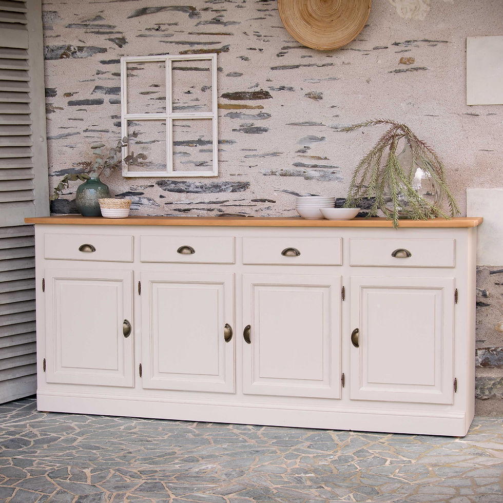 Miniature : Buffet bas en pin massif, patiné beige lin et restauré avec soin dans notre atelier- gris groseille meubles de seconde main