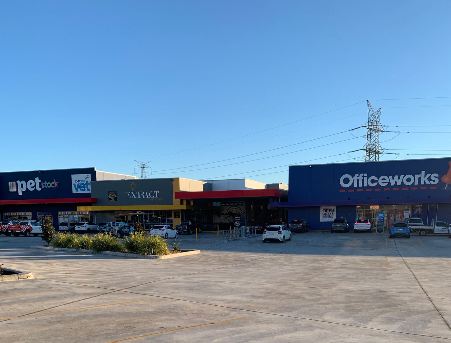 Large Commercial Development in Gledswood Hills with various tenants such as Sydney Tools, Supercheap Auto, Petstock, a Cafe, Grima Bros, Officeworks, a Homewears Store, Rug World, Beaumont Tiles, Nutrition Station, Live Well Gym, One Agency Real Estate, various food outlets, Enzo's Cucina restaurants and a Caltex Service Station