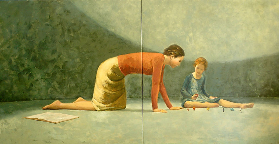Pintura femenina española contemporánea. Juego adulta y niña. Aprender jugando. 