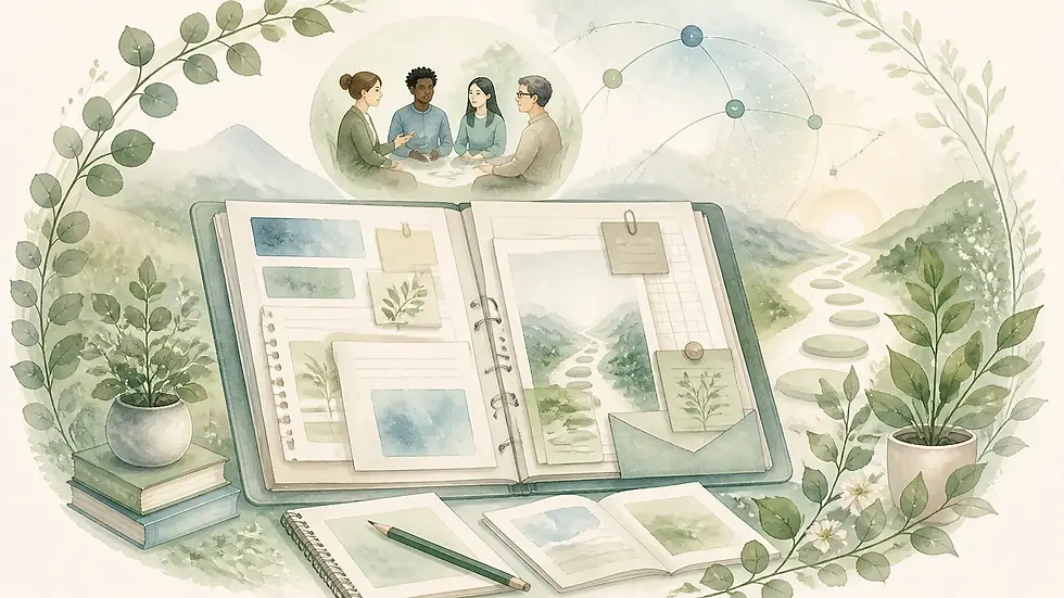 Watercolor illustration of an open assessment portfolio, visible drafts, and a conversation between students and faculty