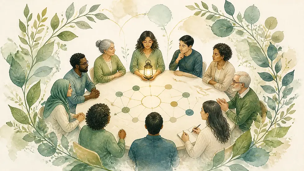 A diverse group of nonprofit community members and staff gathered around a table with a human-held lantern and connected pathways, illustrated in soft sage and teal watercolor