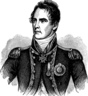 A detailed black and white illustration of a man in a military uniform adorned with medals.