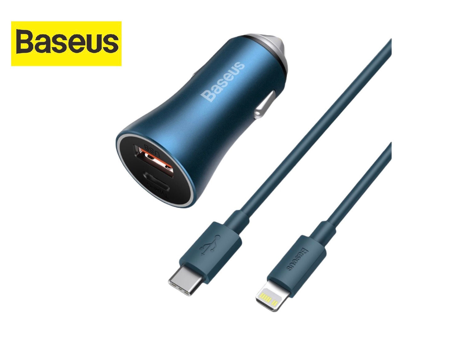 Baseus Dual Port Car Charger with Lightning to Type C Cable