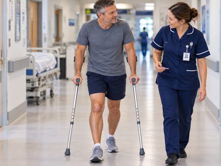Patient walking with crutches after knee arthroscopy