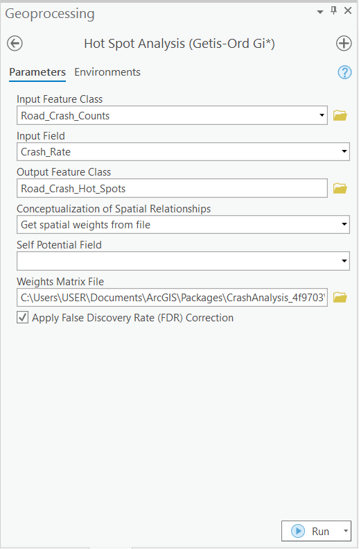 Getis-Ord Gi* Hot Spot Analysis Geoprocessing tool parameters