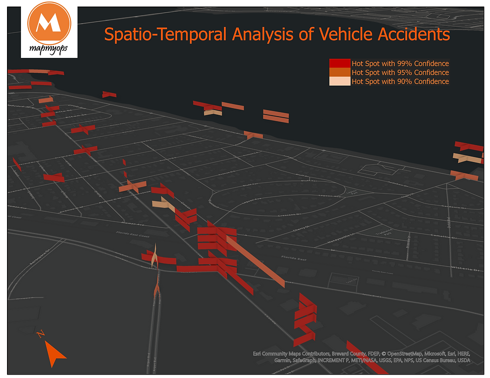 Final Map: Spatiotemporal depiction of Road Crash Hotspots during Peak Crash Time Frame over a period of six years. Rendered on a 3D Scene in ArcGIS Pro.