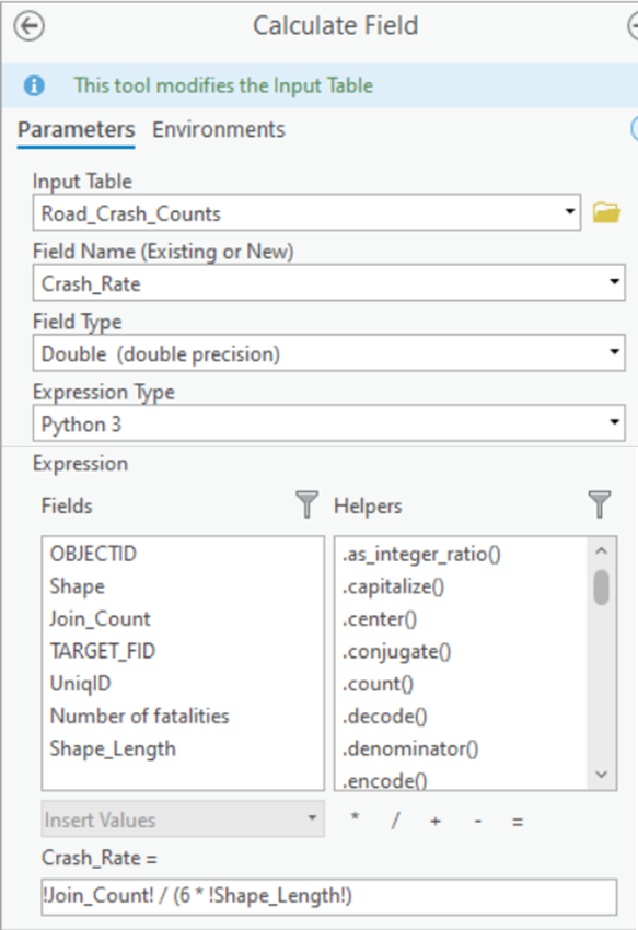 Using the 'Calculate Field' geoprocessing tool, I will compute the 'Crash Rate per mile per year'