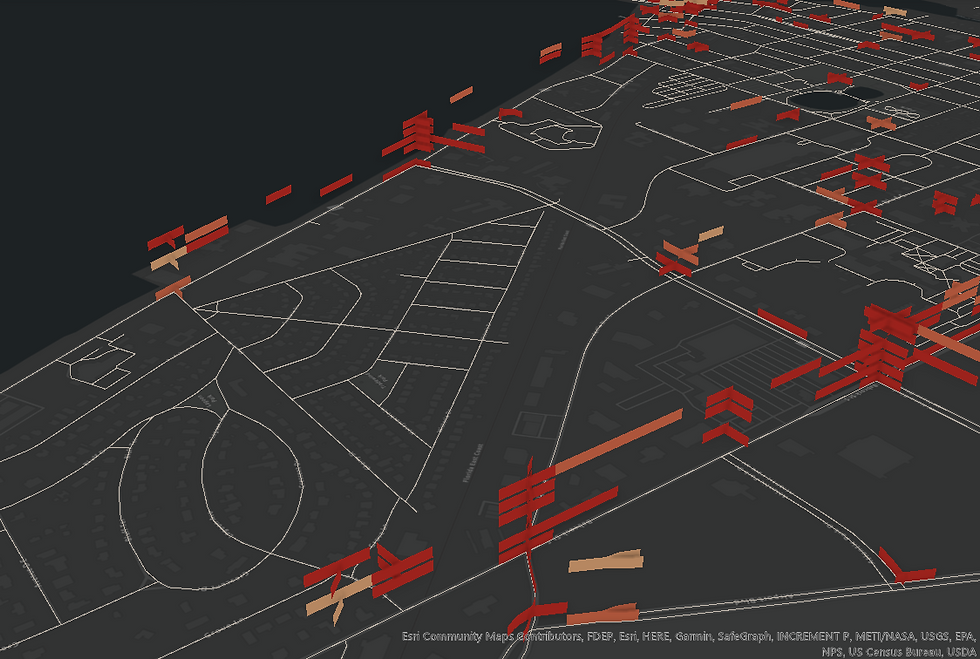 Spatiotemporal Visualization of Crash Hot Spots over the six years on a 3D Scene in ArcGIS Pro. The Hot Spots have been been derived from a dataset filtered to only '3-5 pm on Weekdays' - the time frame when the Crashes have been observed to be peaking