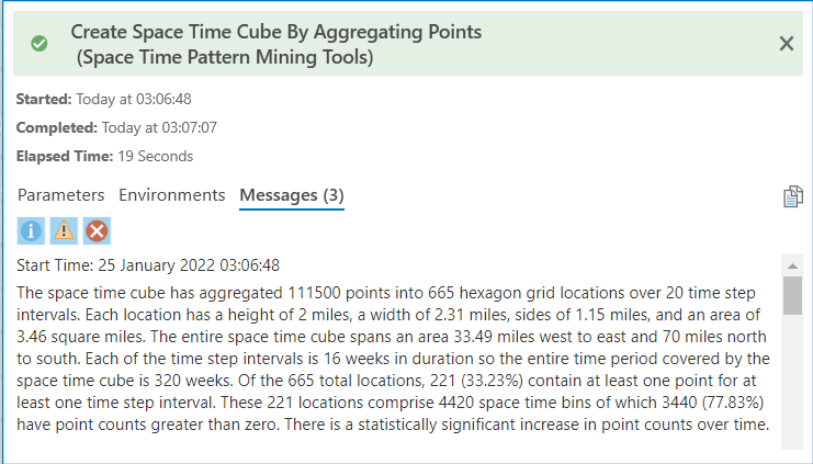 Output Summary upon running the Space Time Cube geoprocessing tool on Road Crash Records