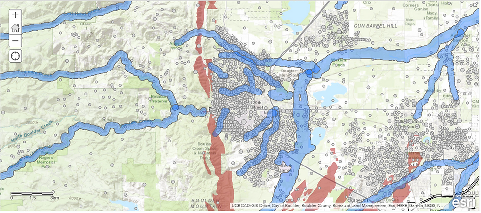 The city of Lyons has a much lesser population. However, the Floodways pass the city exactly on top of major roads. The high-Landslide risk zone at the confluence of the floodway in the southern portion is of particular concern