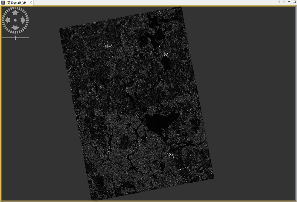Next, we've applied the pre-processing step known as 'Terrain Correction'. Data captured by the satellite is in the radar geometry form and not in geographic projection form. The orientation of image and distances between objects are distorted as a result. Map Projections is an entire topic within itself so we'll not delve into that. However, if you observe the terrain corrected image closely, you'll see that the image is inverted and is slightly narrower than the base image in Figure 3.01. The terrain corrected imagery above is, geographically speaking, similar to Figure 2.08 now.