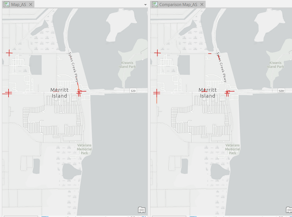 All Road Crashes Hot Spots (left) compared with the Road Crashes Hot Spots during Peak Hours of Weekdays (right)