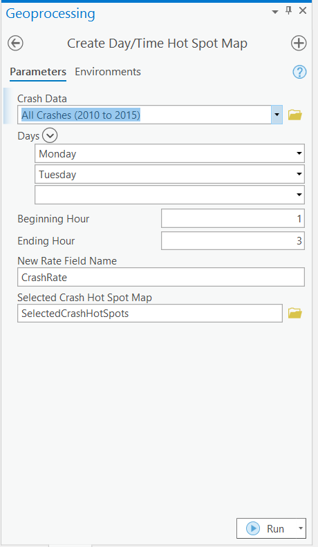 the manual Geoprocessing Tool - Create Day/Time Hot Spot Map which will be automated in the Geo-Analysis model