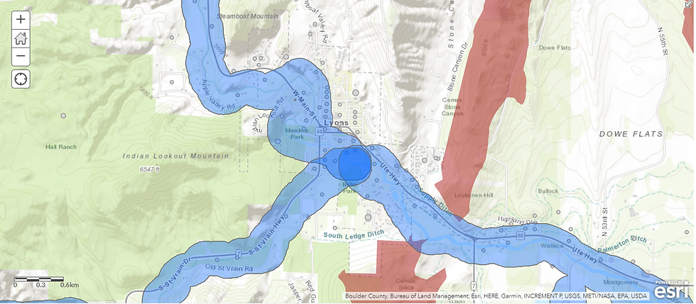 This city above has lesser concentration of both - population and floodways, however, the latter are right on top of major roads. This is concerning because the population may get stranded in the event of heavy floods.