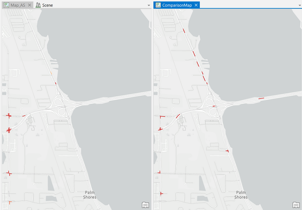 All Crashes Hot Spots (left) compared to Crashes where the driver was under the influence of Alcohol (right) Hot Spots