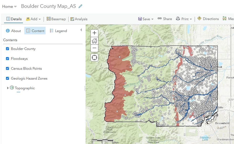 Next, we've added 'Floodways' layer to our map. These are regions where water accumulates and channels downward in the event of a heavy rainfall ensued by floods.