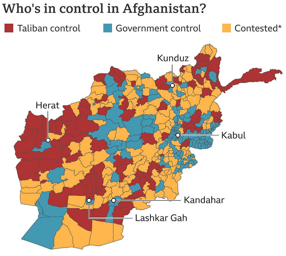 Attaching 'Attribute' information to a spatial position (coordinate) helps make sense of geopolitical events - this map depicts who controls which provincial territory within Afghanistan during the Taliban offensive of 2021 (Source: BBC)
